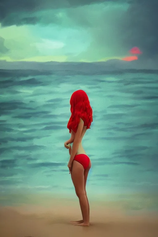 Image similar to red haired girl, green bikini, beach surreal photography, sunrise, dramatic light, impressionist painting, colorful clouds, digital painting, artstation, simon stalenhag raytracing