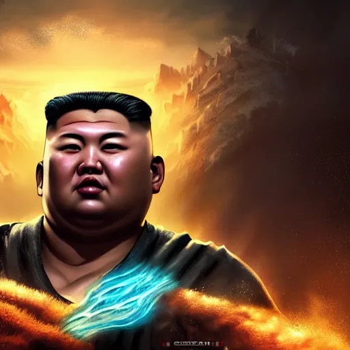 Image similar to portrait of kim - jong un as buddha, league of legends amazing splashscreen artwork, gears of war, splash art, natural light, elegant, photorealistic facial features, intricate, fantasy, detailed face, atmospheric lighting, anamorphic lens flare, cinematic lighting, league of legends splash art, hd wallpaper, ultra high details by greg rutkowski