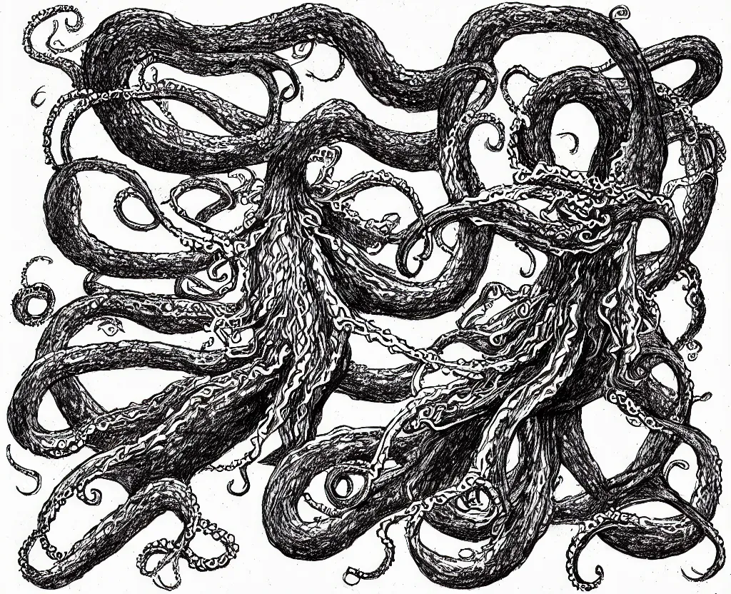Image similar to a drawing of a giant squid with evil tentacles reaching all around the world, in the style of edward gorey