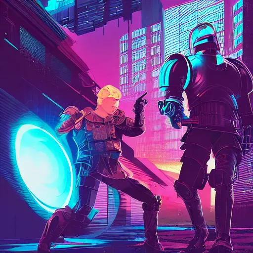 Image similar to jaime lannister and brienne of tarth fighting cyber zombies side by side, cyberpunk art by james gilleard, cgsociety, retrofuturism, synthwave, retrowave, outrun