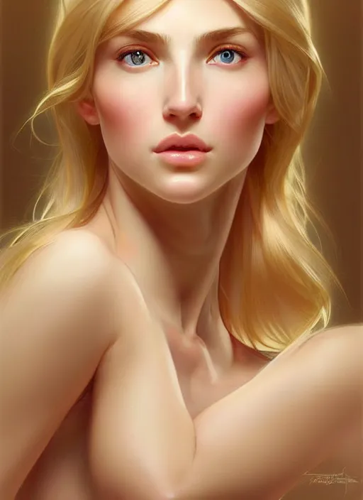 Prompt: face of feminine perfection!! concept art portrait of young wife blessed by god to uncontrollably become overwhelmingly perfect, blonde, symmetrical! intricate, sensual features, highly detailed, biblical!! holy perfection!! digital painting, artstation, smooth, sharp focus, illustration, art by artgerm and greg rutkowski and alphonse mucha