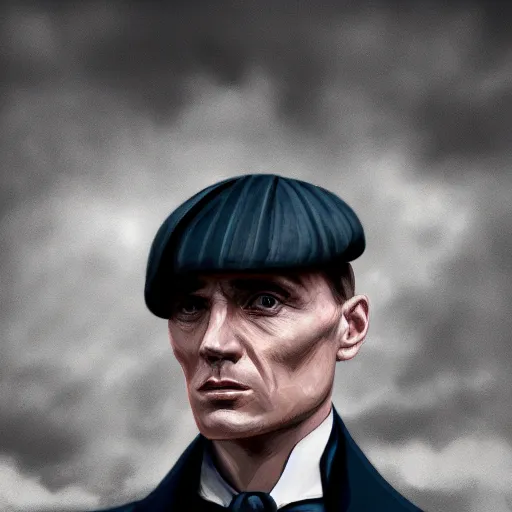 Image similar to a portrait of tommy shelby from the peaky blinders in front of atlantis, in the style of Benjamin Bader, sharp, highly detailed, realistic face, digital art, epic, fantasy, artstation