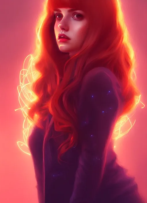 Image similar to portrait of teenage cheryl blossom, bangs and wavy hair, bangs, intricate, elegant, glowing lights, highly detailed, digital painting, artstation, concept art, smooth, sharp focus, illustration, art by wlop, mars ravelo and greg rutkowski