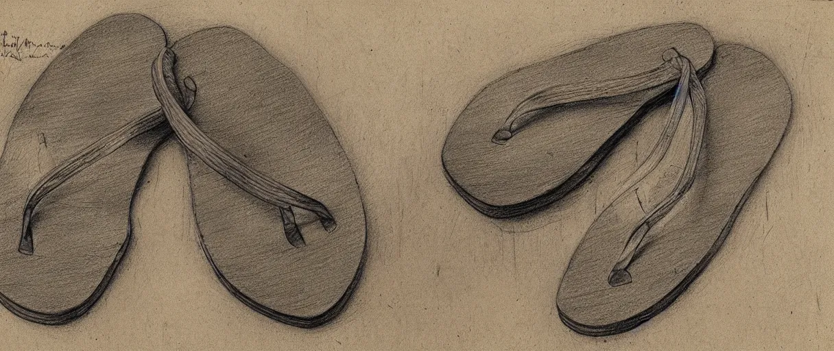 Image similar to detailed blueprint sketches of flip flops, by leonardo davinci, on yellow paper, worn, pencil, sketch