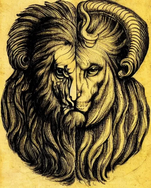 Image similar to four faces in one creature, human face, eagle beak, lion mane, two large horns on the head, drawn by da vinci. symmetrical