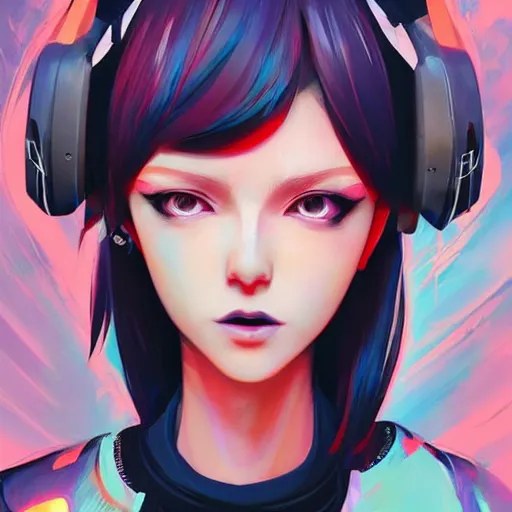 Image similar to poster woman with futuristic streetwear and hairstyle, colourful, cute face, anime eyes, dynamic portrait, full face shot, intricate eyes, beautiful, elegant, Anime by Kuvshinov Ilya, Cushart Krentz and Gilleard James, 4k, HDR, Trending on artstation, Behance, Pinterest, award winning