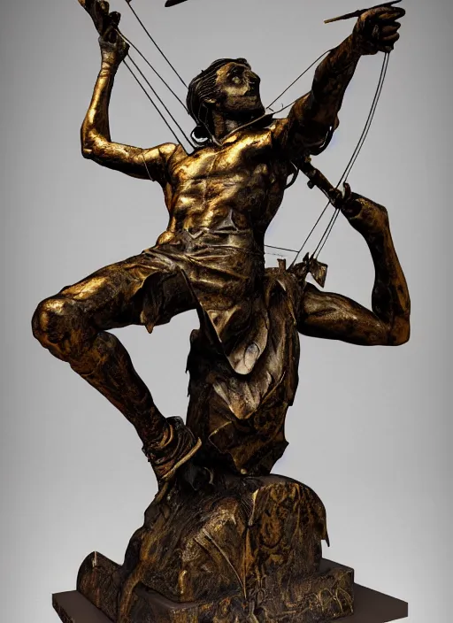 Image similar to An epic fantastic realism comic book style painting of a distressed bronze archery sculpture from the future by Stanislaw Szukalski, gilded colorful marbled paper background, winged archer, fisheye lens, unreal 5, DAZ, hyperrealistic, octane render, dynamic lighting