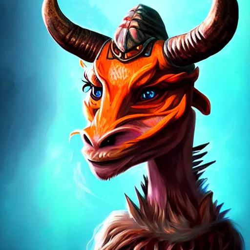 Image similar to illustrated realistic portrait female ram-horned kobold that has orange skin and blue hair with black evil devil eyes wearing leather armor by rossdraws