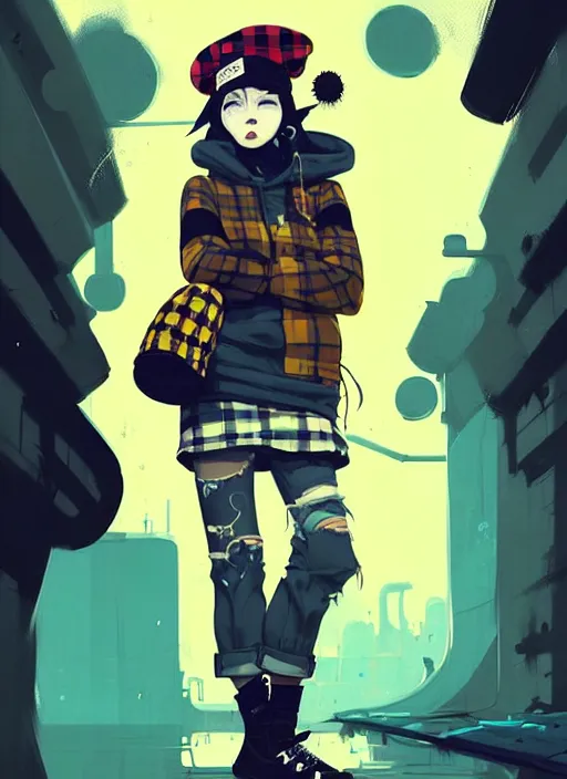 Image similar to highly detailed portrait of a sewer punk lady student, blue eyes, tartan hoody, hat, white hair by atey ghailan, by greg rutkowski, by greg tocchini, by james gilleard, by joe fenton, by kaethe butcher, gradient yellow, black, brown and cyan color scheme, grunge aesthetic!!! ( ( graffiti tag wall ) )