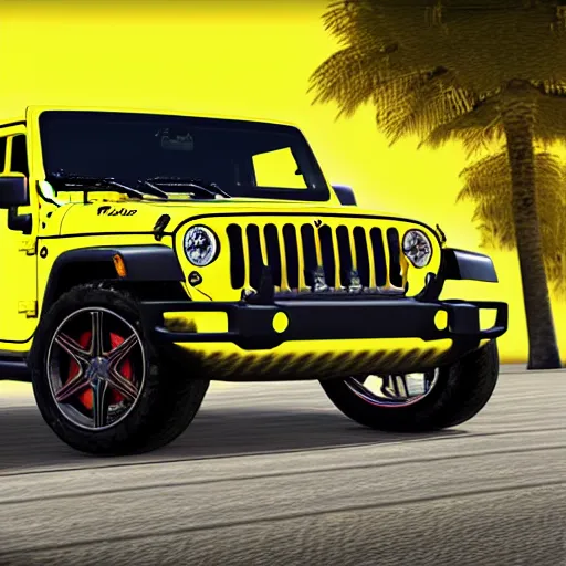 Prompt: yellow jeep wrangler and mercedes cla 4 5 amg gta 5 style digital art