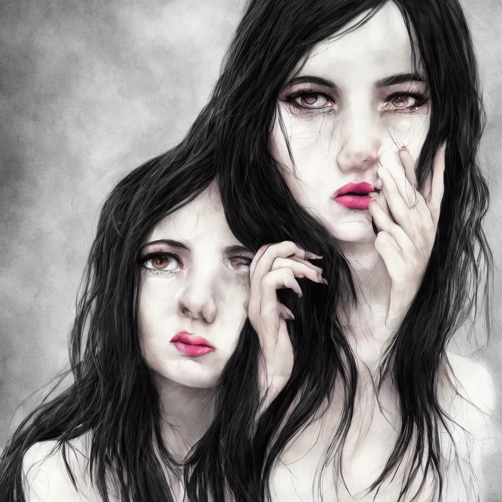 Image similar to A 20 years old Paludnitsa crying. Long black hair, perfect face, beautiful dark eyes, white dress, menacing, smooth, sharp focus, vivid colors, highly detailed, digital art, 4k, medium shot.