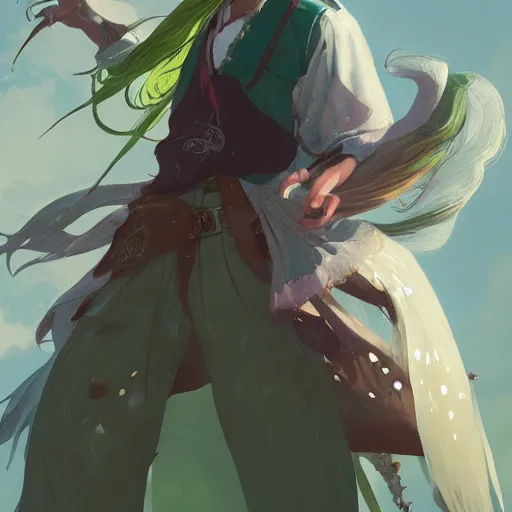 Image similar to a beautiful fullbody portrait of an anime boy with long straight green hair in a western fantasy bard style. character design by cory loftis, fenghua zhong, ryohei hase, ismail inceoglu and ruan jia. artstation, volumetric light, detailed, photorealistic, fantasy, rendered in octane