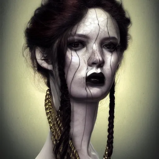 Image similar to portrait of a Shibari rope wrapped face and neck of a store mannequin, headshot, insanely nice professional hair style, dramatic hair color, digital painting, of a old 13th century, traveler, amber jewels, baroque, ornate clothing, scifi, realistic, hyper detailed, chiaroscuro, concept art, art by Franz Hals and Jon Foster and Ayami Kojima and Amano and Karol Bak,