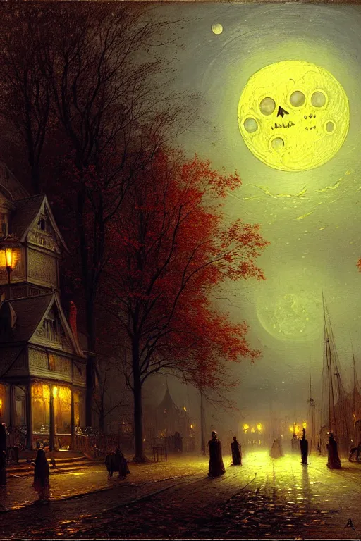 Prompt: detailed painting of a victorian living capsule architecture, spooky night scene, moon stars, autumn trees, street lights, filigree ornaments, andreas achenbach