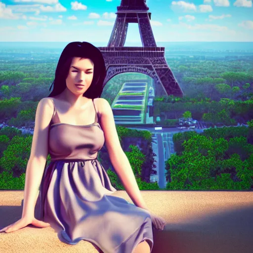 Image similar to A young beautiful giantess wearing a sundress sitting on the Eifel tower,detailed body and face, beautiful lighting,digital art , highly detailed , high contrast, beautiful lighting, award winning , trending on art station, 8k, photorealistic,unreal engine 5