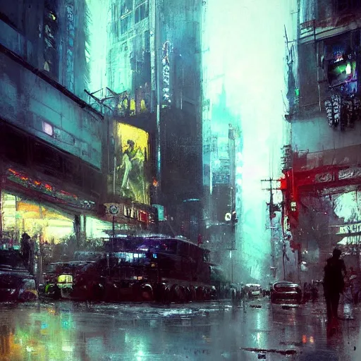 Prompt: cyberpunk cityscape, downtown scene, beautiful details, painting by jeremy mann