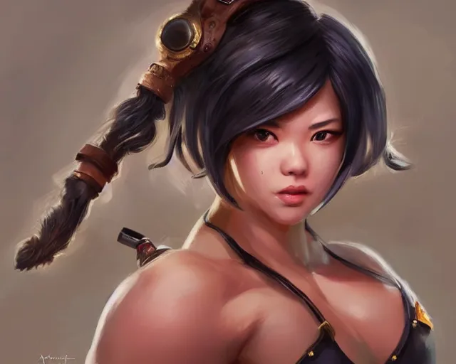 Image similar to portrait of mei from overwatch as a beautiful female bodybuilder amazon with plump lips, elegant, fantasy, hd shot, digital portrait, beautiful, artstation, comic style, by artgerm, guy denning, jakub rozalski, magali villeneuve and charlie bowater