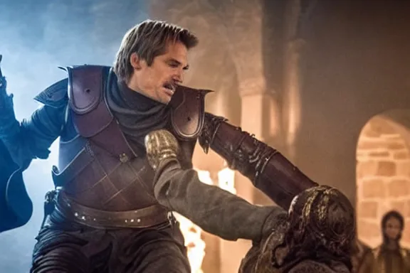 Image similar to very very intricate photorealistic photo of jaime lannister defeating cersei, photo is in focus with detailed atmospheric lighting, award - winning details