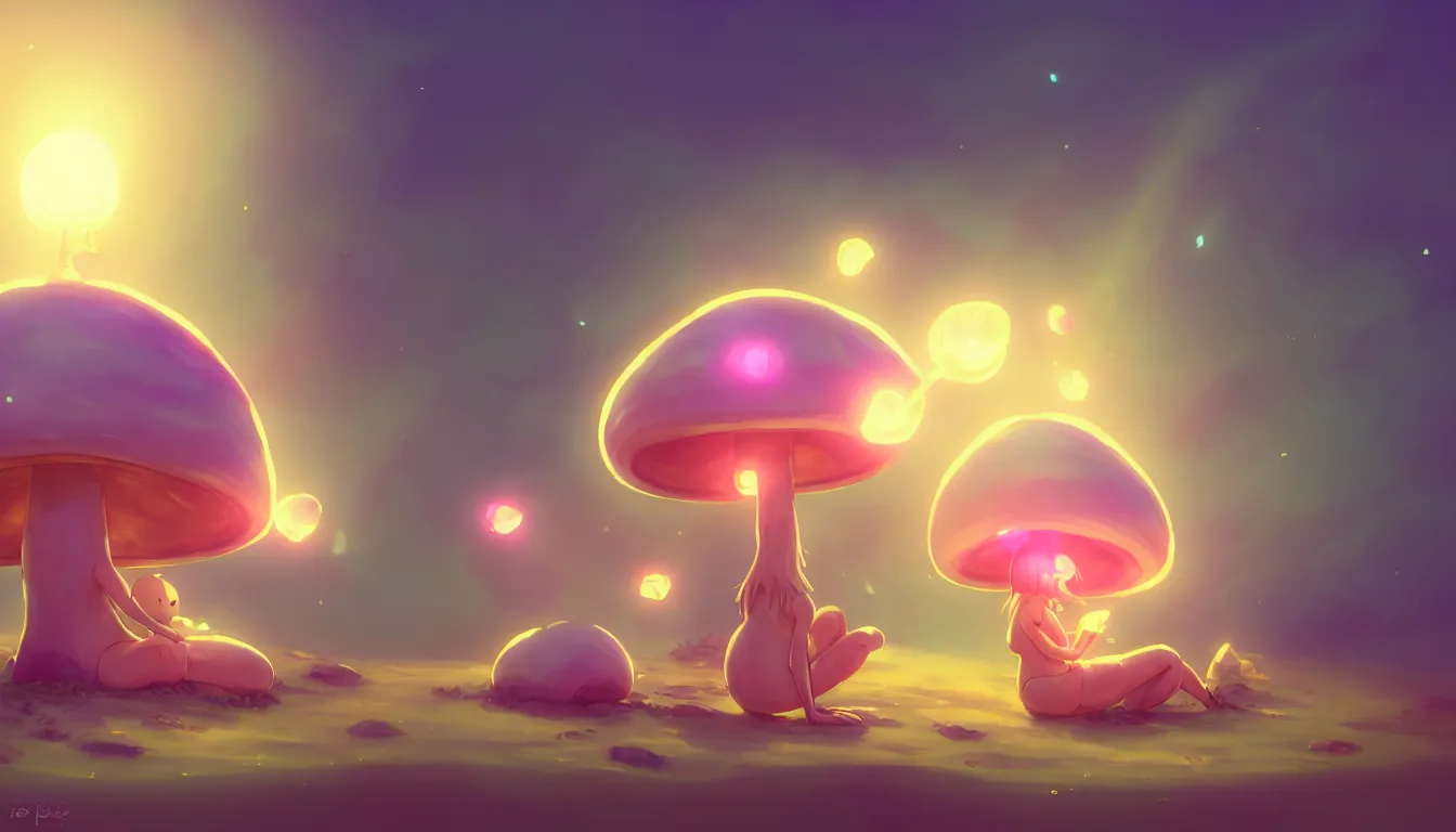 Prompt: concept art for a cute thicc humanoid mushroom creature, anime style, golden hour, lens flare, pastel pink glow, sitting on the beach | | epic - fine - clean, polished, trending on artstation, brush strokes