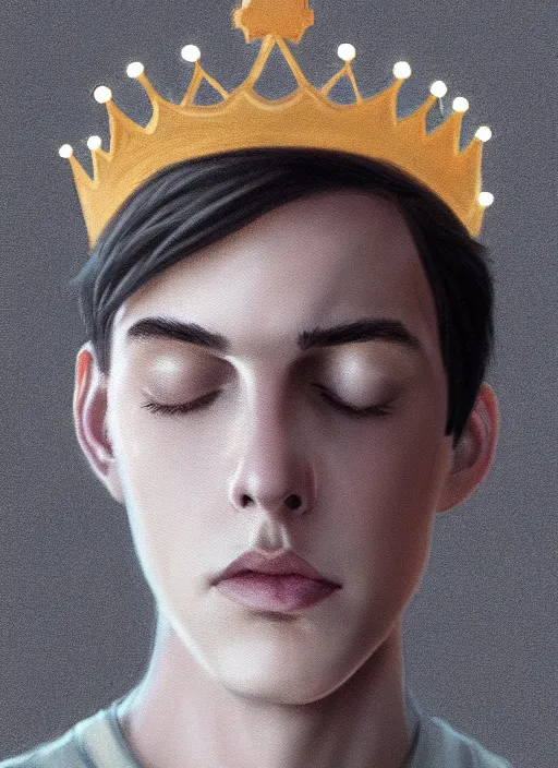 Image similar to portrait of teenage jughead jones wearing a light grey crown, photorealistic, crown, eyes closed, crown, black hair, intricate, elegant, glowing lights, highly detailed, digital painting, artstation, concept art, smooth, sharp focus, illustration, art by wlop, mars ravelo and greg rutkowski