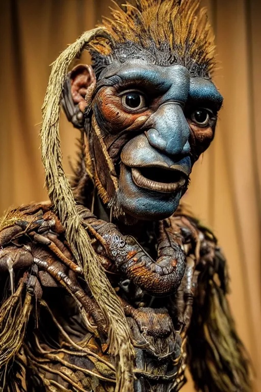 Image similar to photo taken of an epic intricate, ultra detailed, super realistic gritty, hero prop, exquisitely weathered animatronic movie prop of a lifelike sculpture of a huaorani ecuadorian amazon tribe creature displayed in the workshop, created by weta workshop, full body shot, photorealistic, sharp focus