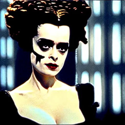 Image similar to cinematic portrait of surprised helena bonham carter as bride of frankenstein as a replicant in a busy nightclub,, still from the movie bladerunner, fashion photography, a sign is in the background, 8 k, high detail, face in focus