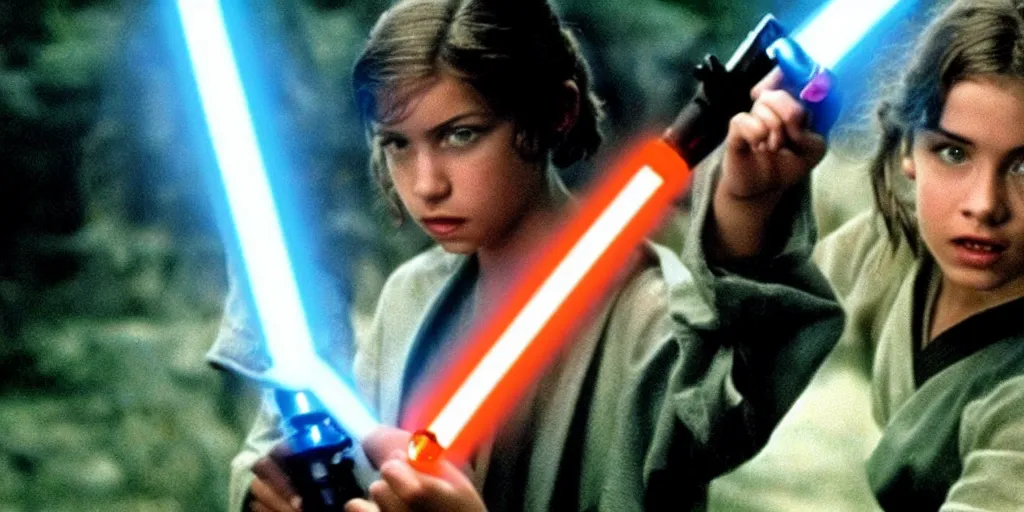 Image similar to a full color still of a teen brunette Jedi padawan holding a lightsaber hilt during a sci-fi battle, cinematic lighting, 1999, directed by Steven Spielberg, 35mm