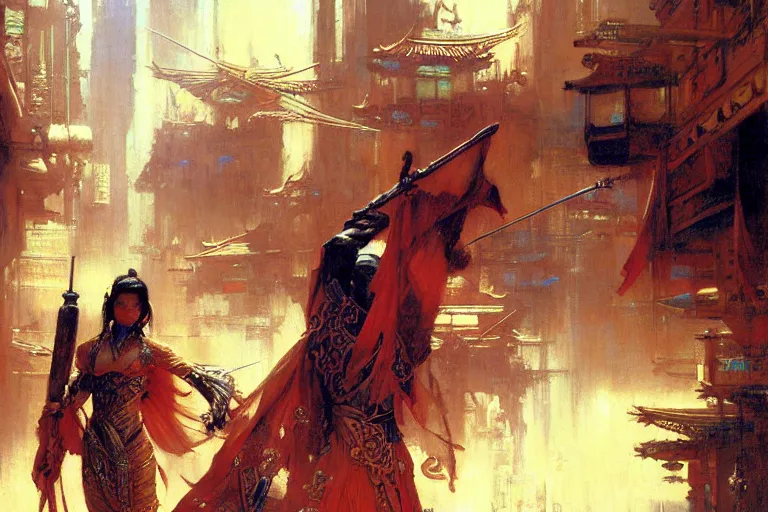 Prompt: wuxia, cyberpunk, painting by gaston bussiere, craig mullins, j. c. leyendecker