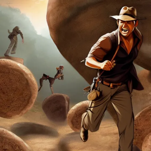 Image similar to Indiana Jones being chased by a boulder trap, boulder chase, underground sandstone temple background, giant round stone chasing Indiana Jones, raiders of the lost ark, anime key visual