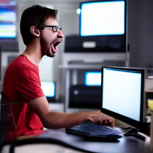 Prompt: Programmer screaming at the computer, nerd