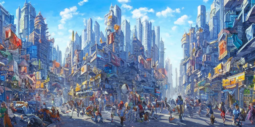Prompt: A hyperrealistic painting of a busy d&d city, view from the street, blue skies, vibrant colors, high contrast, ultra high detail