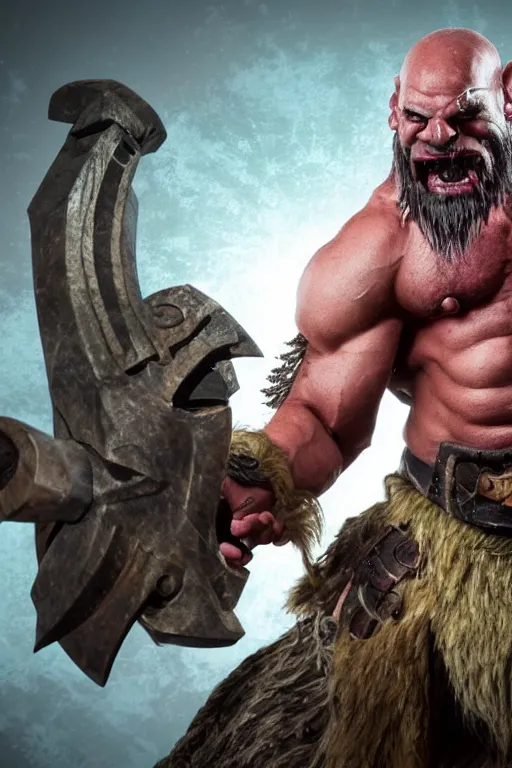 Image similar to Travis Willingham as Grog Strongjaw from Vox Machina, Goliath Barbarian, realistic cinematic shot, swirling nature magic, subtle fog and mood lighting