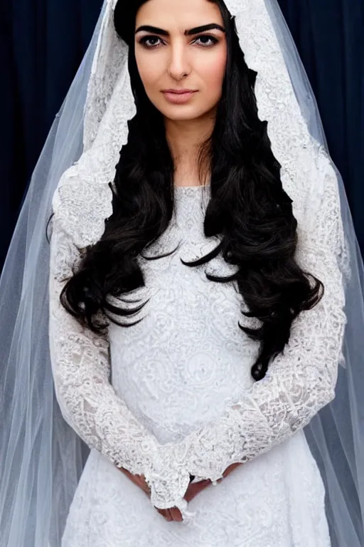 Prompt: Ameera al-Taweel, blue eyes, serious, long wavy black hair, white veil, closeup, focus face