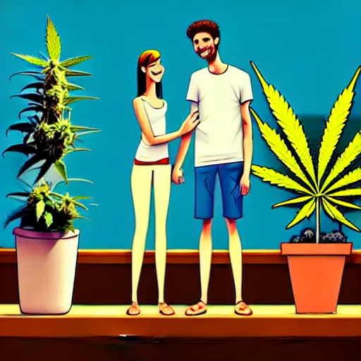 Prompt: couple happy on balcony with marijuana plant. centered median photoshop filter cutout vector behance artgem hd jesper ejsing!