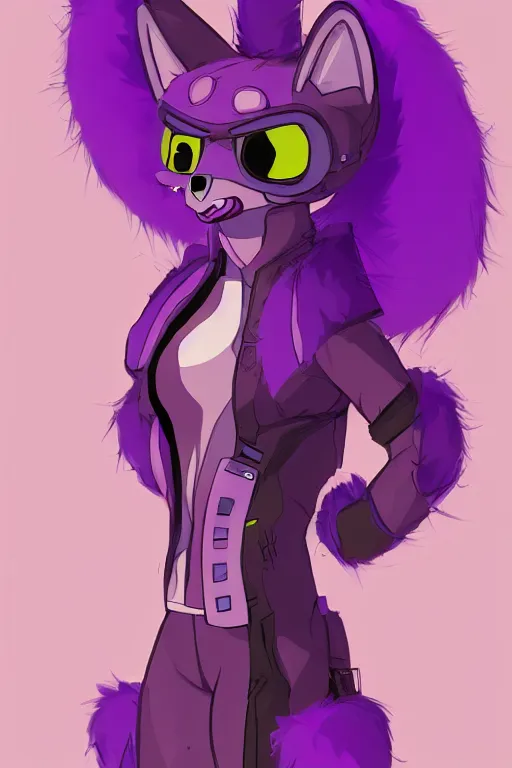 Image similar to a cute cyberpunk anthropomorphic fox with purple fur and yellow eyes and a fluffy tail, comic art, trending on furaffinity, cartoon, kawaii, backlighting, furry art!!!, cel shading, concept art, lineless