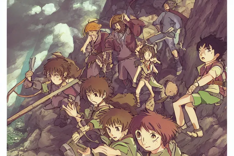 Prompt: cell shaded key visual of a group of adventurers being defeated by monsters in a dungeon, in the style of studio ghibli, moebius, makoto shinkai,