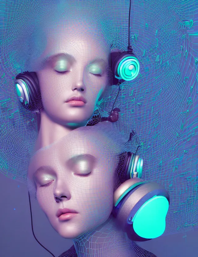 Image similar to 3 d goddess of music and 🔊 wide angle portrait with musical notes, headphones, subwoofers, and speakers. music, wave frequencies, cymatics. auditory symbiogenesis, synaesthesia, polyphonic communication, sonic projection, artwork by tooth wu and android jones wlop and android jones and beeple and greg rutkowski