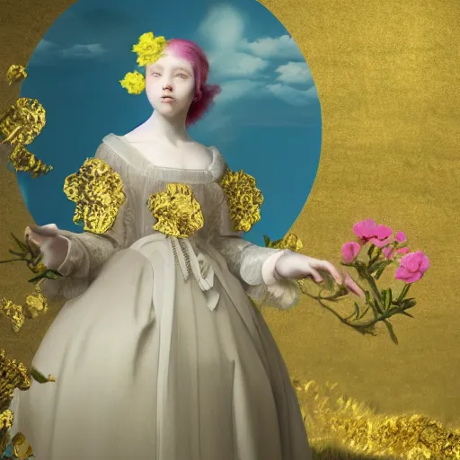 Image similar to 8k, octane render, realism, tonalism, renaissance, rococo, baroque, portrait of a young lady wearing long harajuku manga dress with flowers and skulls standing in a renaissance park, chaotic gold leaf flowers