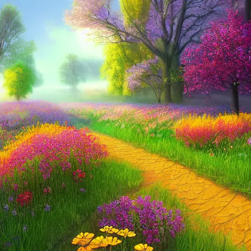 Image similar to flower meadow inspired by Evgeny Lushpin,spring, cinematic