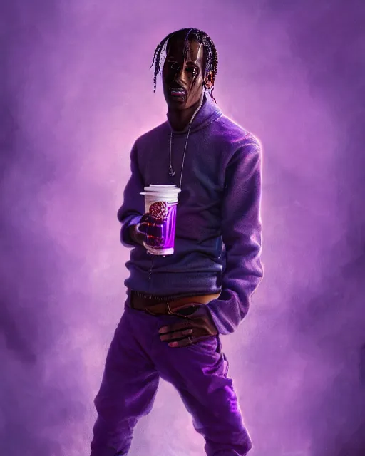 Image similar to travis scott holding cup of codeine, accurate details, detailed face, purple liquid in cup glowing, fantasy, dramatic, intricate, elegant, highly detailed, digital painting, artstation, concept art, smooth, sharp focus, illustration, art by Gustave Dore, octane render