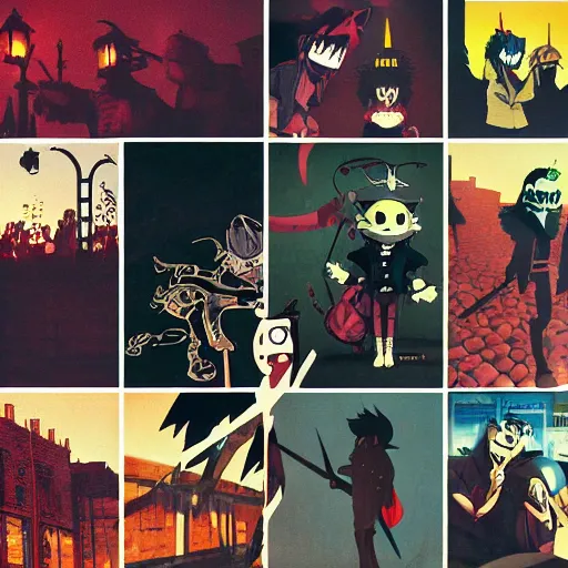 Image similar to Demon Days album art featuring Dark Souls knights, Gorillaz, Jamie Hewlett