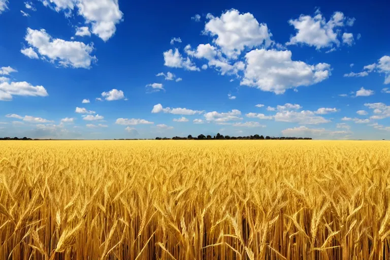 Image similar to Photo of clear blue sky and yellow wheat field, hd, beautiful, perfect light, photorealism, highly detailed, symmetry