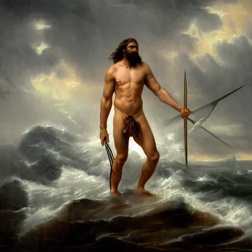 Prompt: poseidon standing at center frame back turned to the camera, holding a trident, with his back turned to the camera, a storm ahead, high res, oil painting, realistic, water, greek god, epic composition, masterpiece, award winning, low exposure