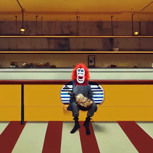 Prompt: Clown sitting in an empty diner at night, digital art, award-winning art, matte painting, horror, scary, eerie, ominous, unnerving, 8k