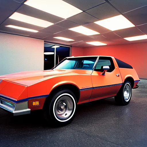 Prompt: 1979 Blazer Corvette, inside of an auto dealership, ektachrome photograph, volumetric lighting, f8 aperture, cinematic Eastman 5384 film