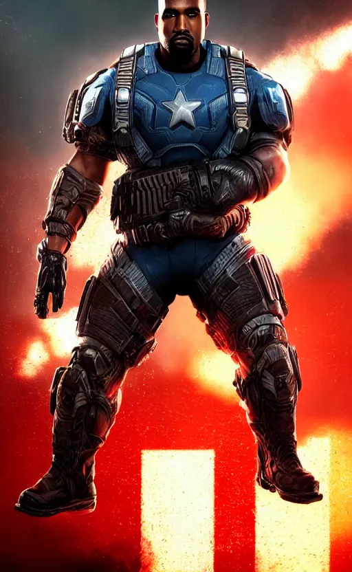 Image similar to Portrait of Kanye West as captain america in Gears of War, splash art, movie still, cinematic lighting, dramatic, octane render, long lens, shallow depth of field, bokeh, anamorphic lens flare, 8k, hyper detailed, 35mm film grain