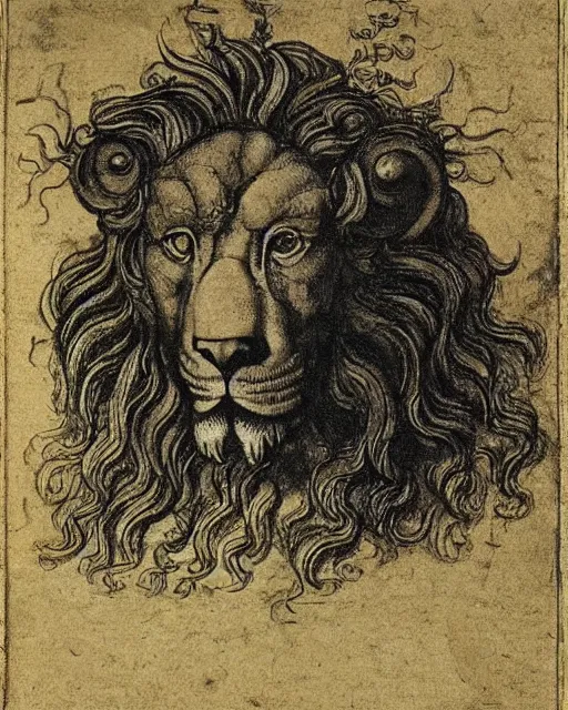 Prompt: a creature with the body and eyes of a man, beak of an eagle instead of nose, the mane of a lion, two horns of an ox on the head. drawn by leonardo da vinci