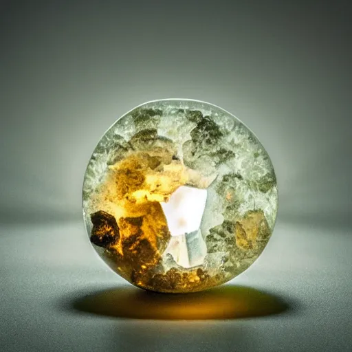 Image similar to light refraction from a mineral rock, in a dark studio room. magical and fantasy material, orb, polished. Some burning smoke coming out of it. Mineral auctions, mineral collections, rare mineral. rare raw metal.