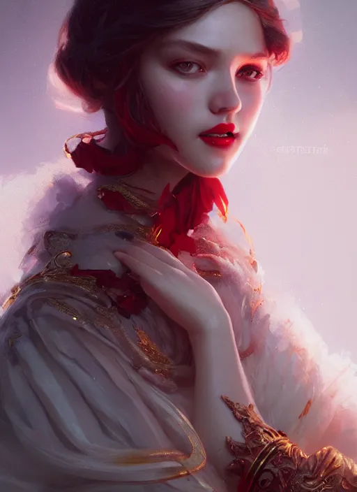 Prompt: portrait of royal princess, intricate silk clothing, cute face, closed red lips, fantasy, digital illustration, hyperealisism, award winning, octane renderer, warm cinematic lighting, style of wlop, greg rutkowski, ruan jia, artgerm, yasar vurdem