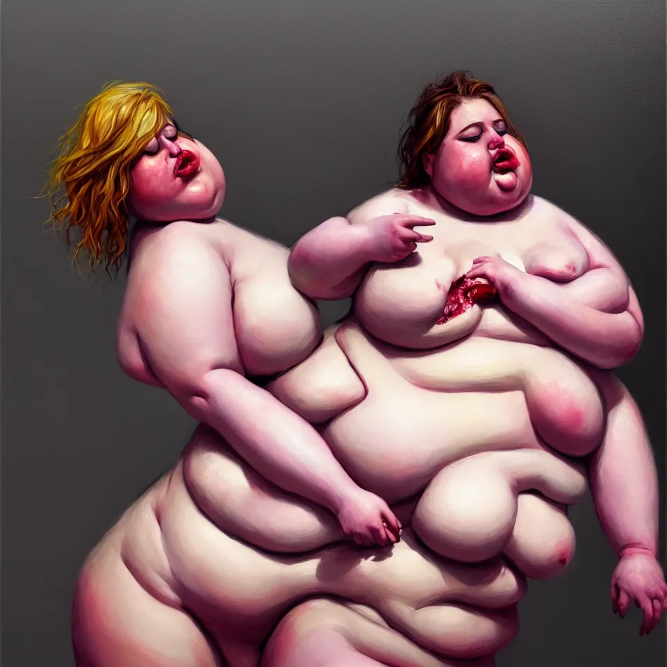 Prompt: bright realistic obese anorexic eating herself to death, fat and skinny, diffuse lighting, fantasy, intricate, elegant, highly detailed, lifelike, photorealistic, digital painting, artstation, illustration, concept art, smooth, sharp focus, art by francis bacon